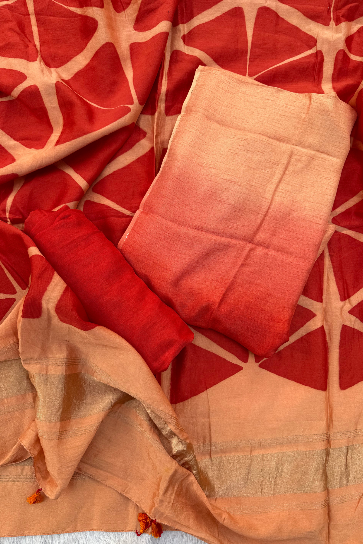 Orange Ombre Clamp Dyeing Pure Chanderi Silk 3 Pc Suit Set