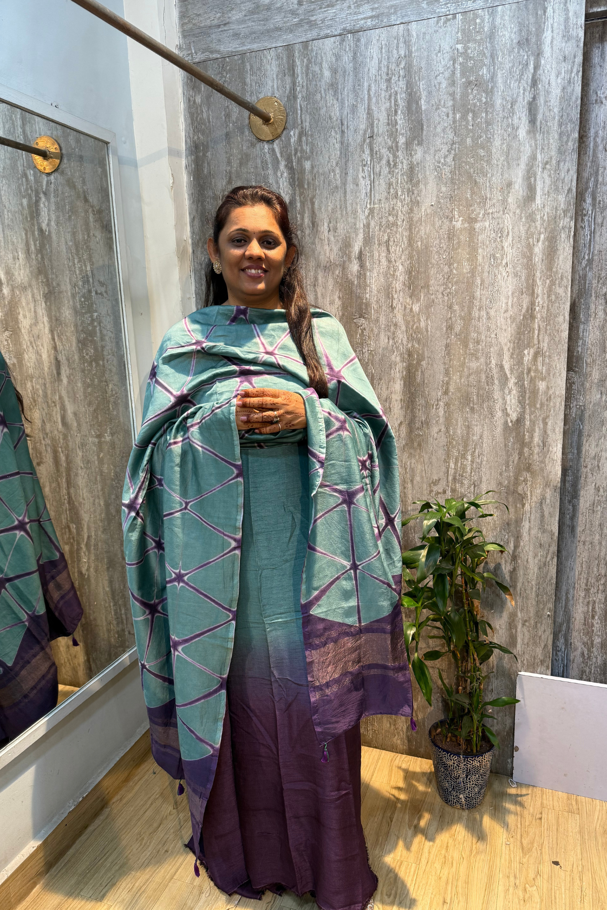 Sea Green & Purple Ombre Clamp Dyeing Pure Chanderi Silk 3 Pc Suit Set