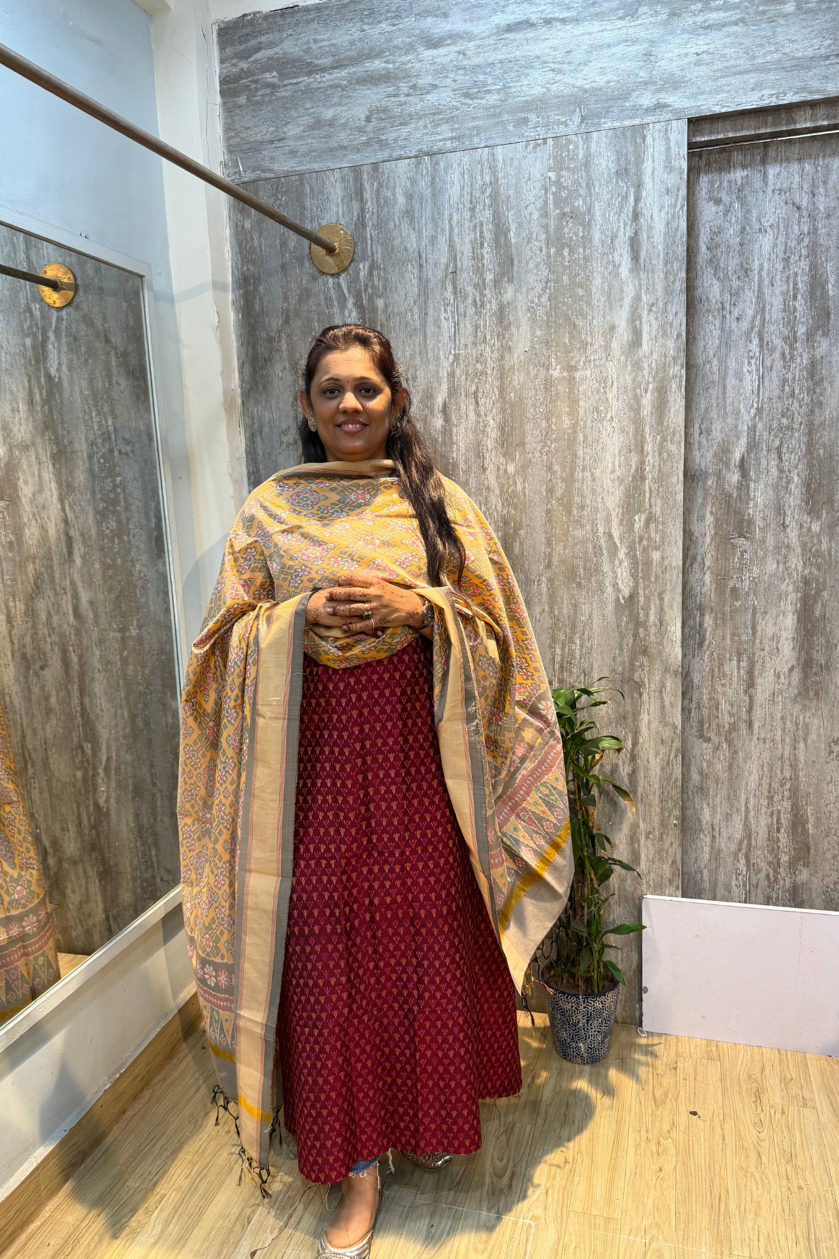 Sicco Ikkat Patola Premium 2-Piece Suit Set – Maroon with Yellow & Beige Dupatta