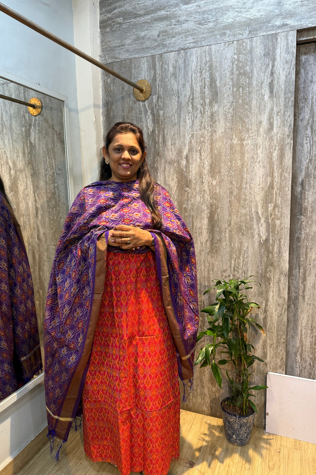 Sicco Ikkat Patola Premium 2-Piece Suit Set – Reddish Orange & Purple