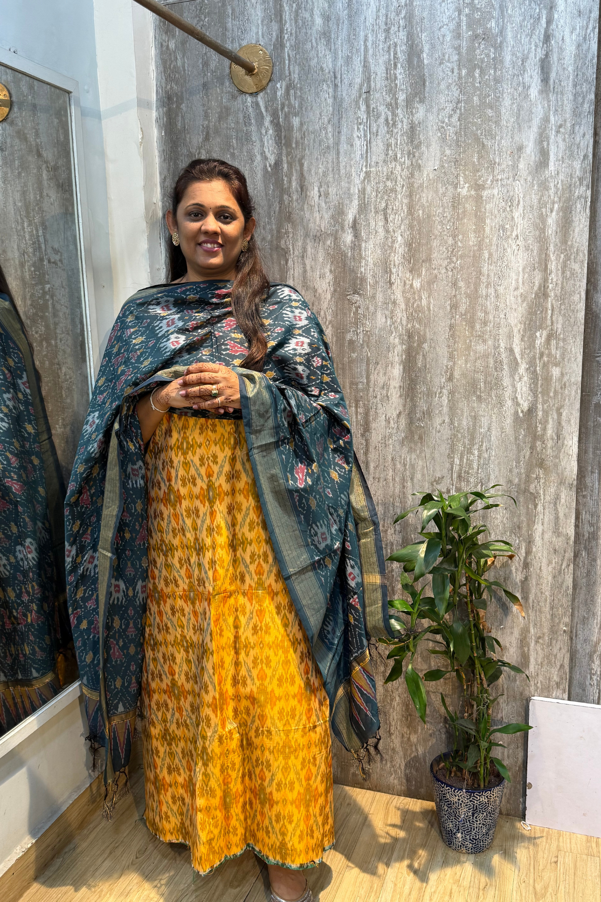 Sicco Ikkat Patola Premium 2-Piece Suit Set – Yellow & Firozi