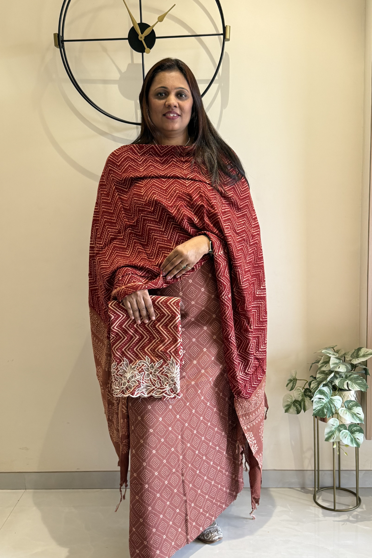 Natural Dye Pashmina Suit With cutwork - Onion Pink & Red