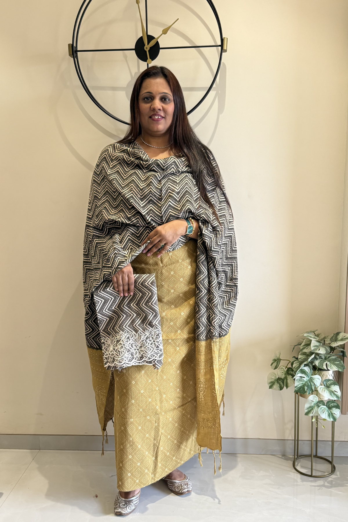 Natural Dye Pashmina Suit With cutwork - Mustard Yellow & Black