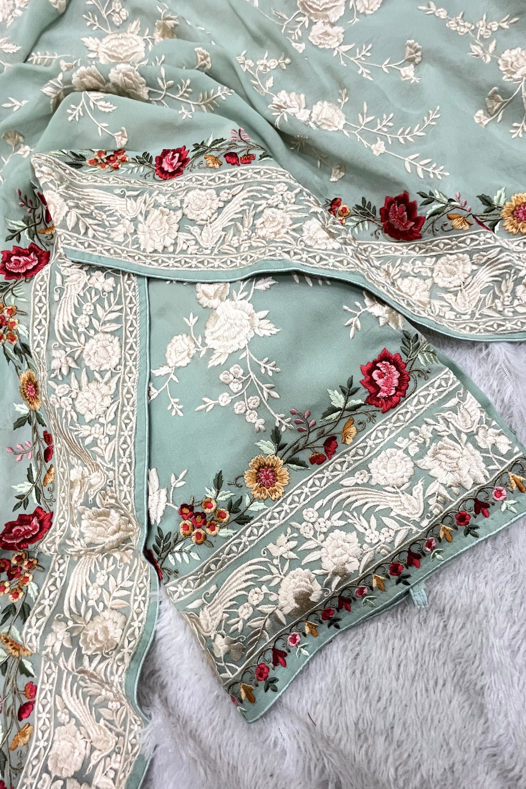 Pure Georjette With Parsi Work Unstitched Suit Set - seafoam green