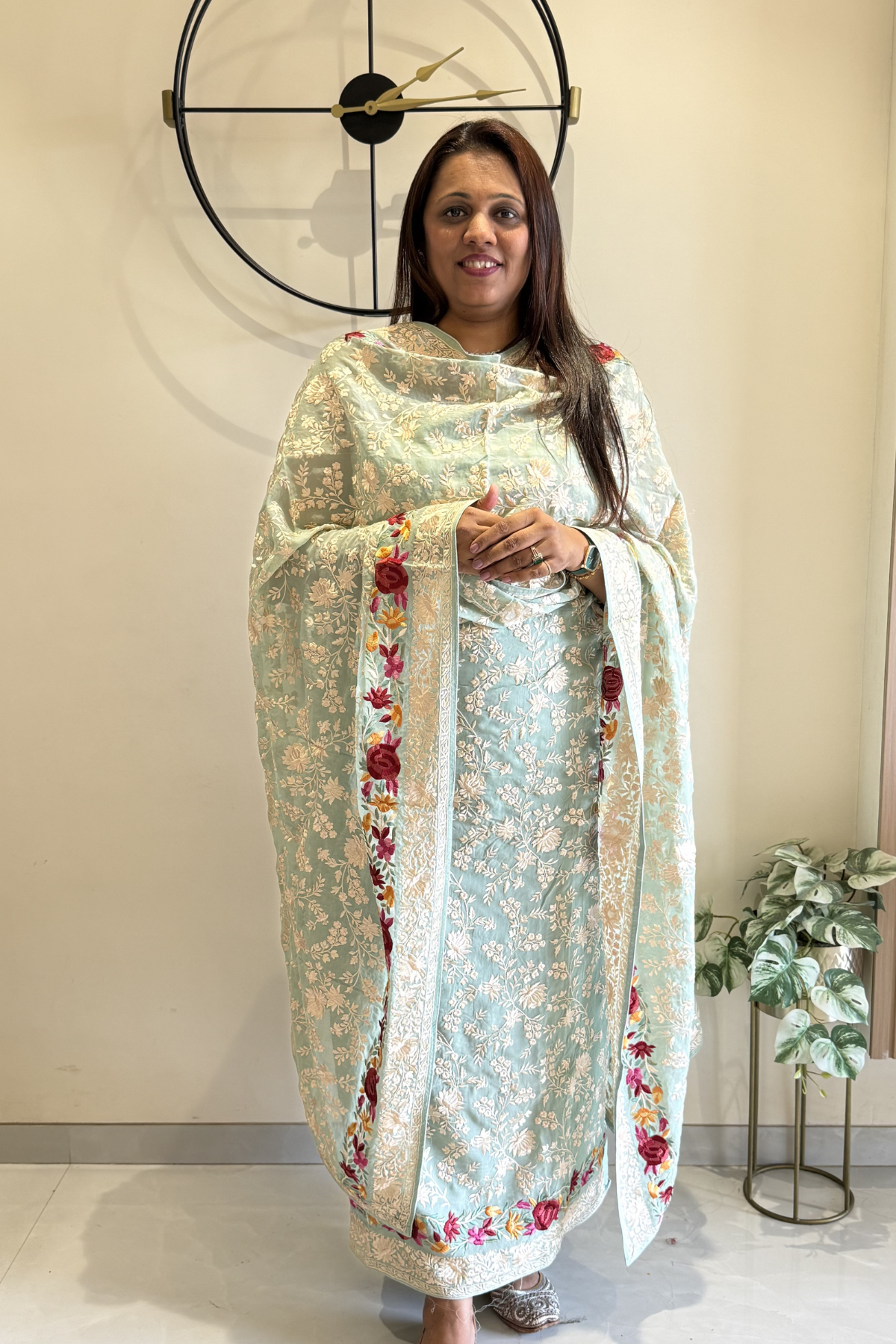Pure Georjette With Parsi Work Unstitched Suit Set - seafoam green