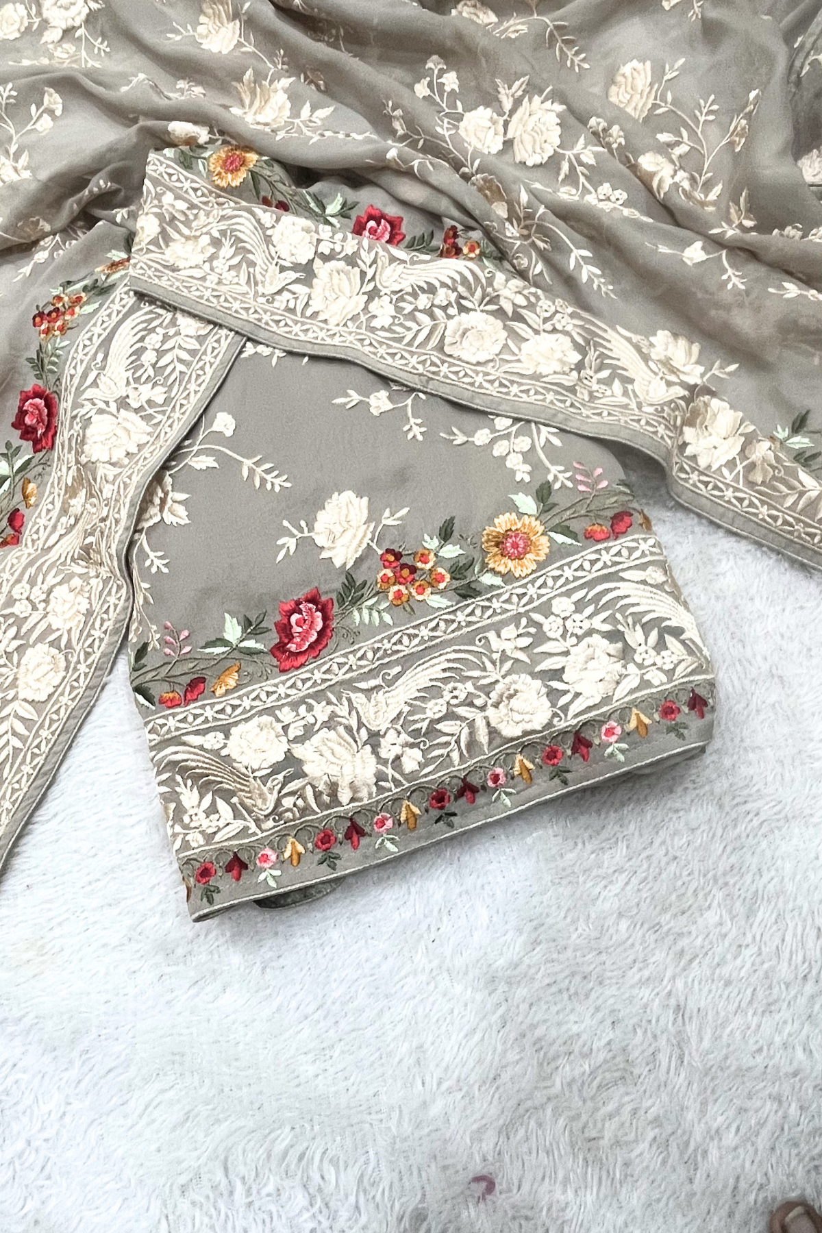 Pure Georgette With Parsi Work Unstitched Suit Set -  Gray