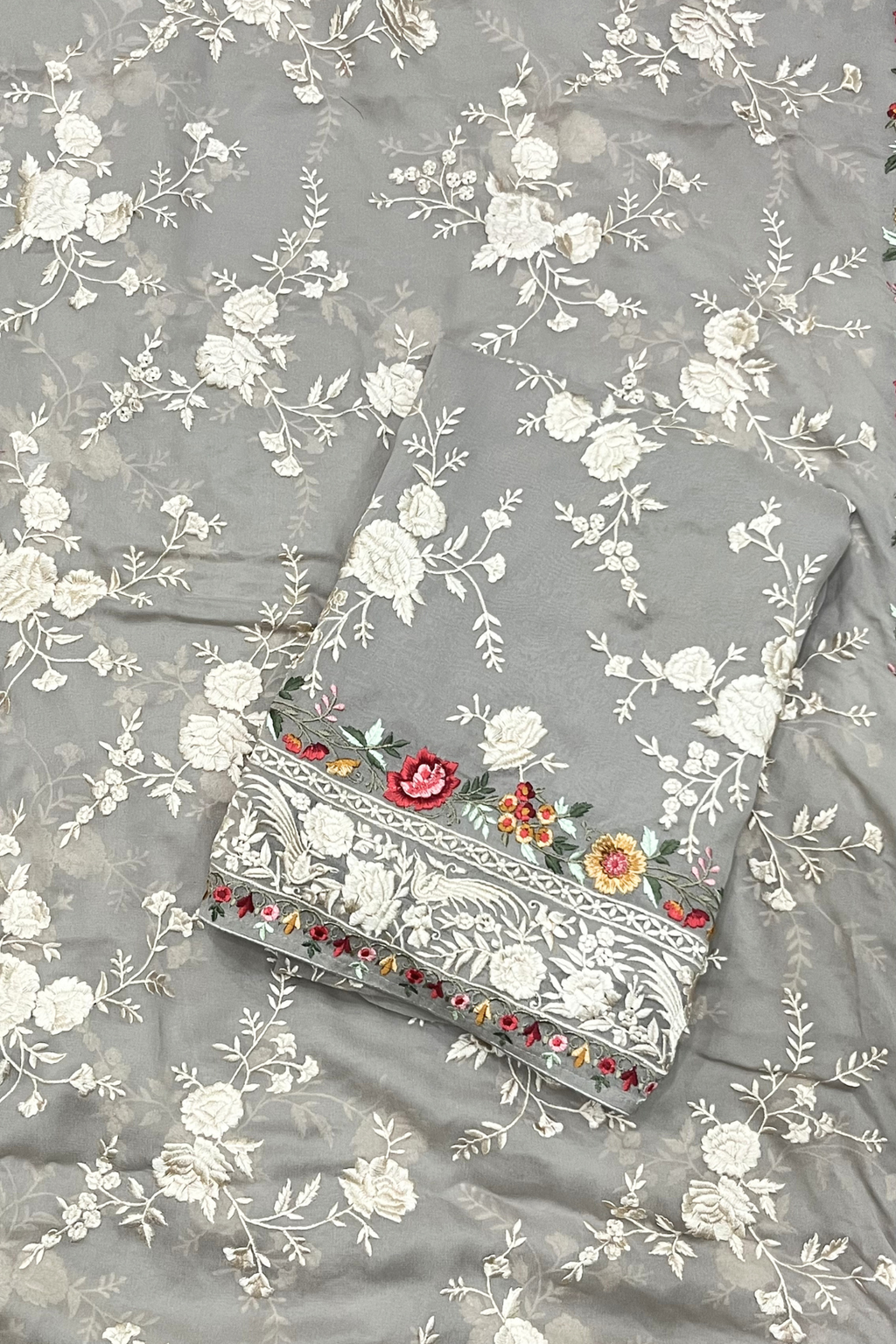 Pure Georgette With Parsi Work Unstitched Suit Set -  Gray