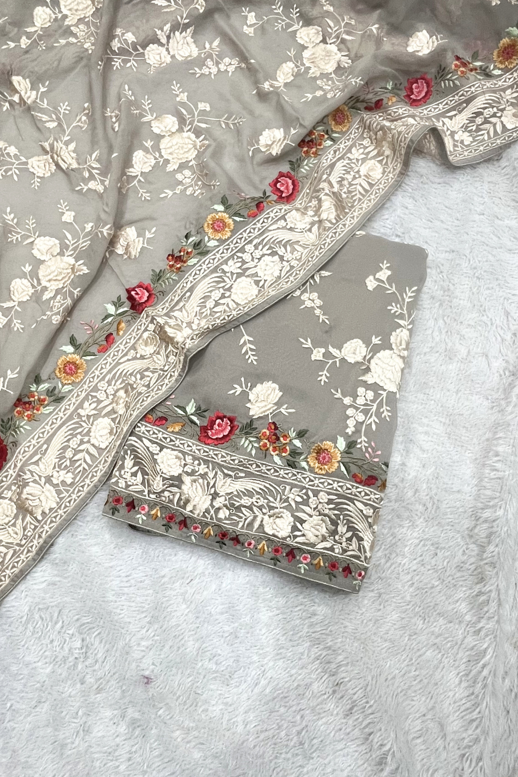 Pure Georgette With Parsi Work Unstitched Suit Set -  Gray