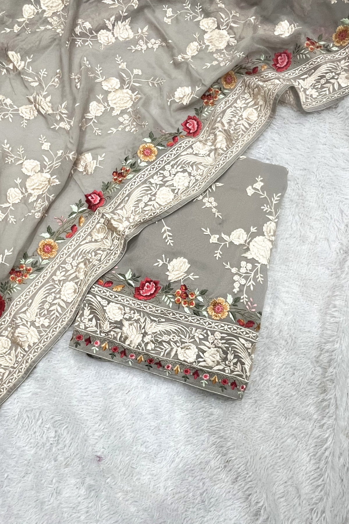 Pure Georgette With Parsi Work Unstitched Suit Set -  Gray