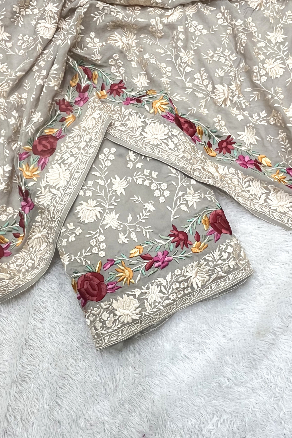 Pure Georjette With Parsi Work Unstitched Suit Set -  Gray