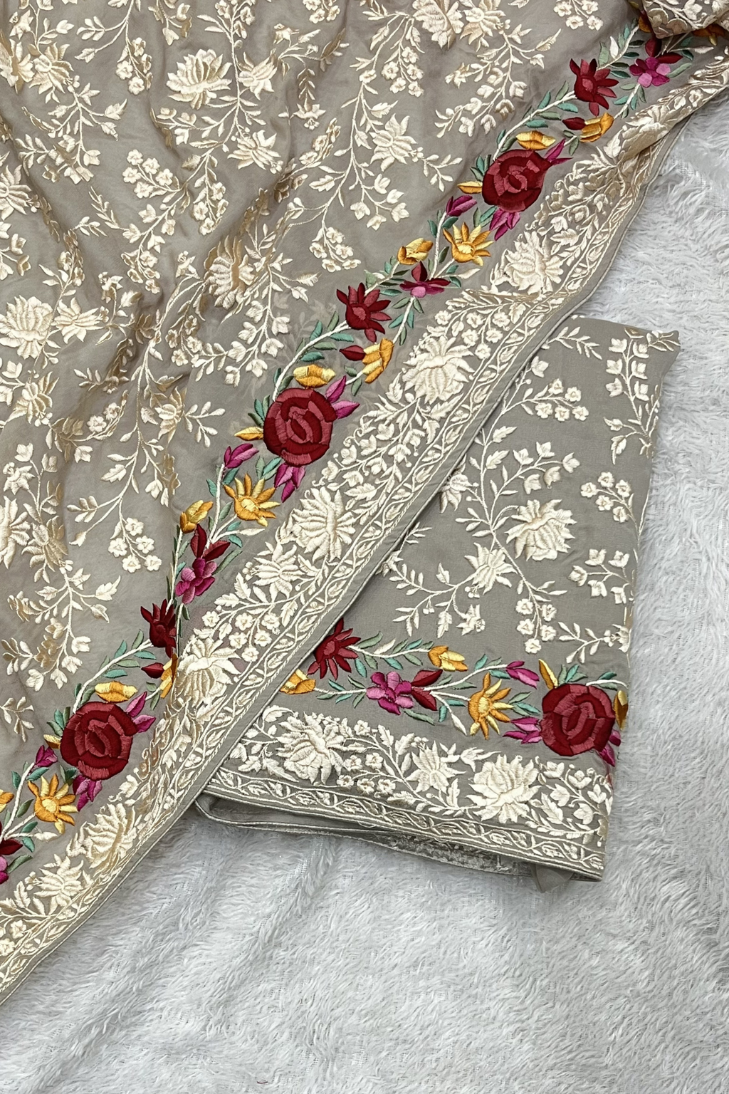 Pure Georjette With Parsi Work Unstitched Suit Set -  Gray