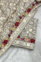 Pure Georjette With Parsi Work Unstitched Suit Set -  Gray