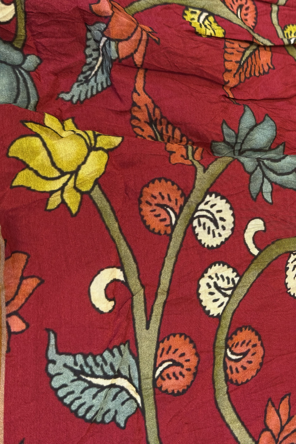 Bandhej With Kalamkari Print - 3 pc Unstiched Suit Set - Red Maroon & Yellow