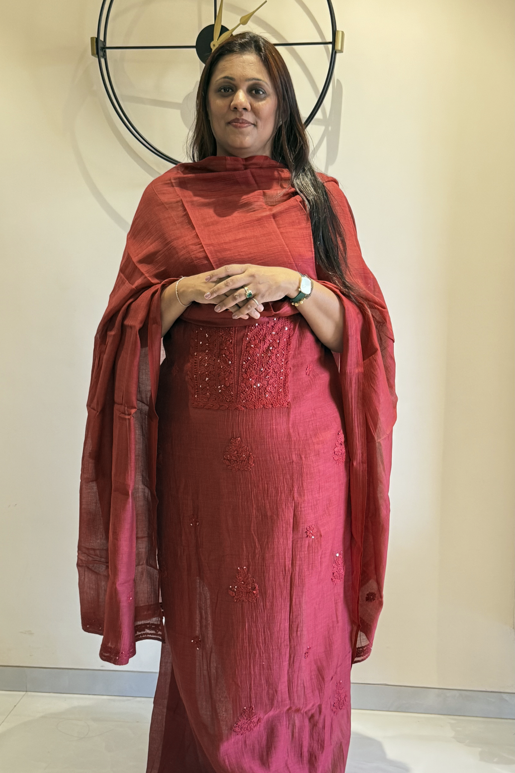 Lucknawi Pure Mul Chanderi 3-Piece Unstitched Kurta Set –  Maroon