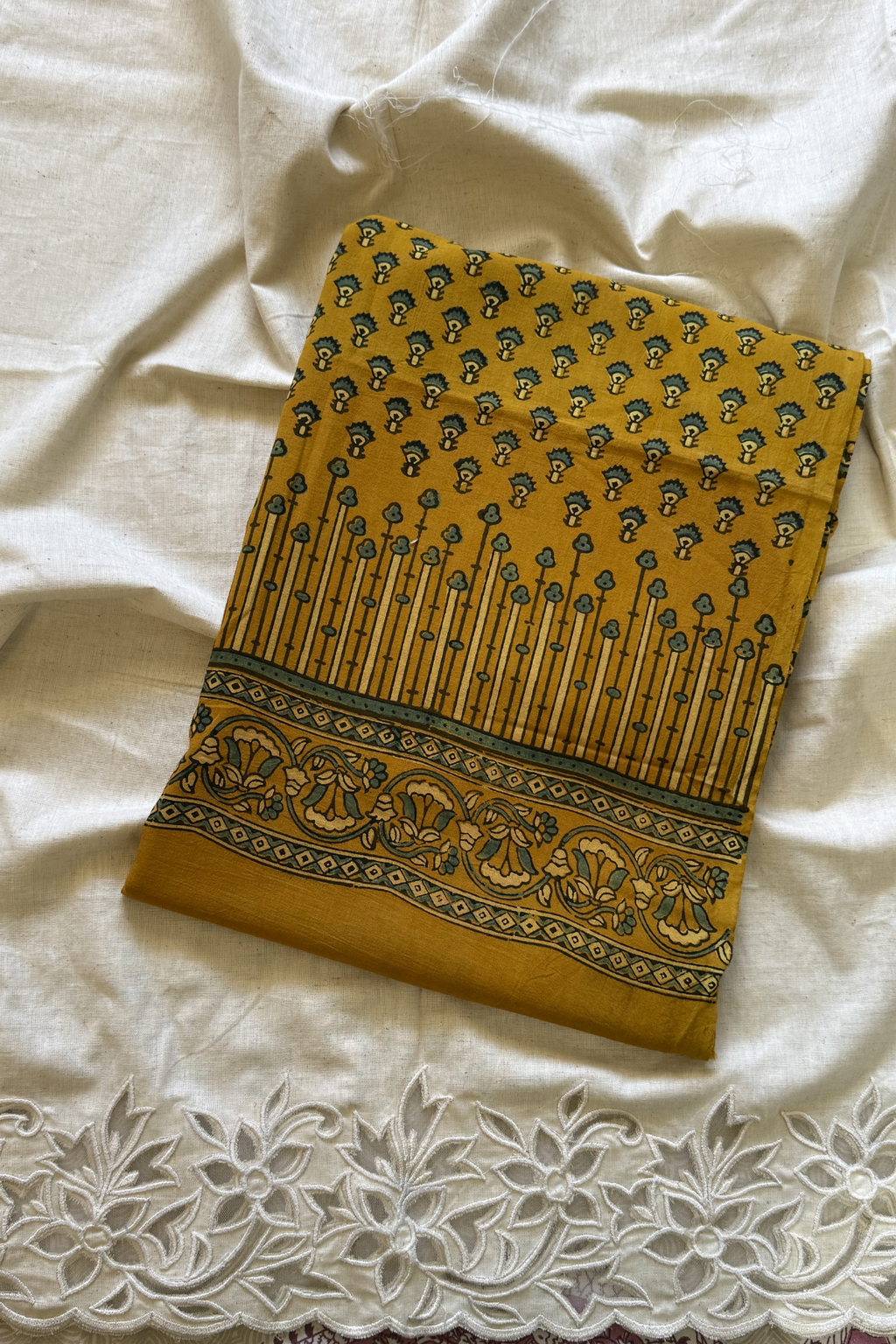 Pure Cotton Ajrak Suit Set With cutwork Bottom - Mustard Yellow