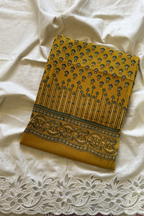 Pure Cotton Ajrak Suit Set With cutwork Bottom - Mustard Yellow