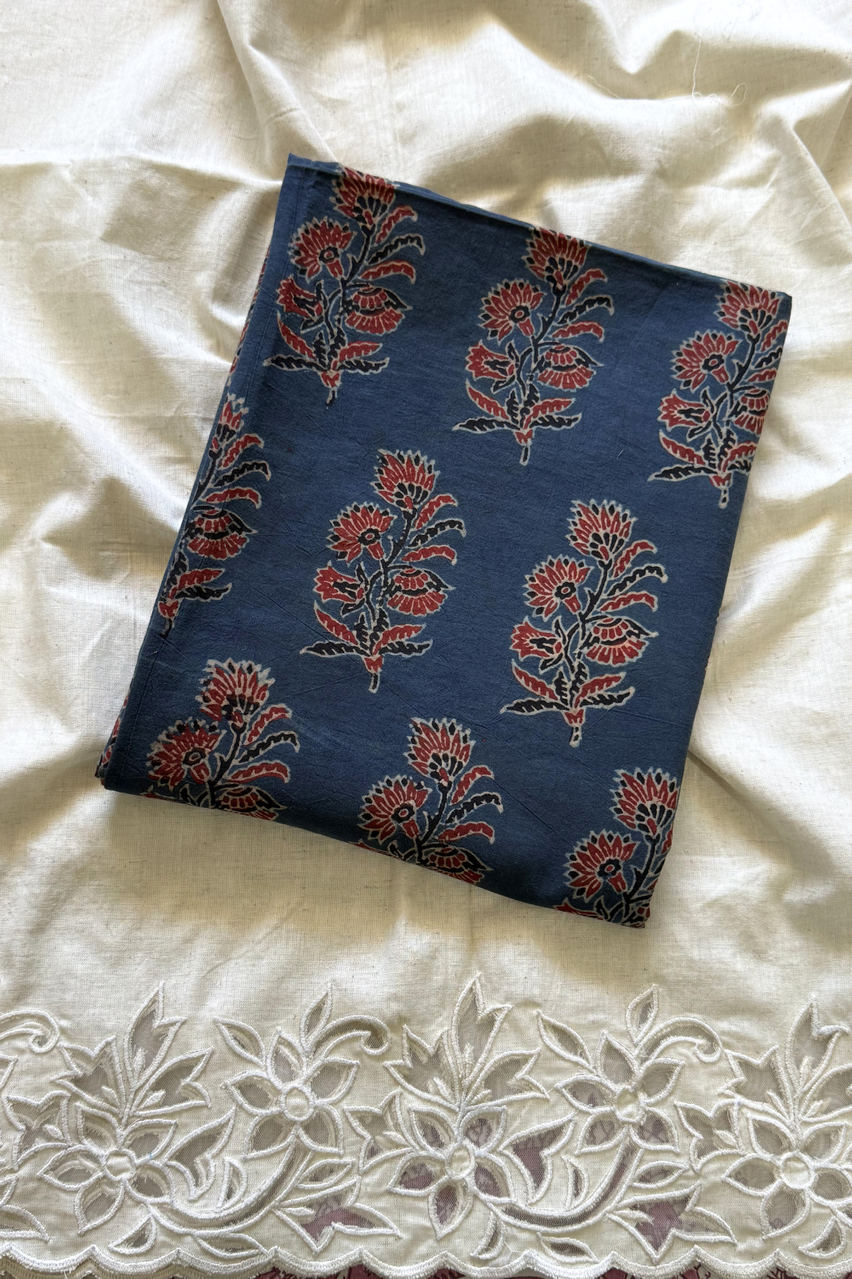 Pure Cotton Ajrak Suit Set With cutwork Bottom - Blue