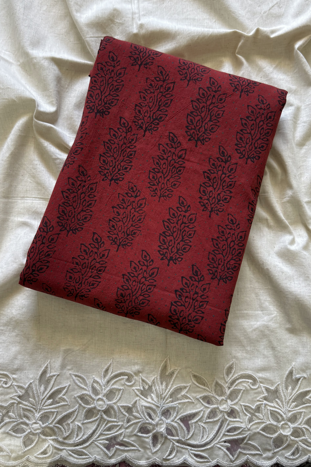 Pure Cotton Ajrak Suit Set With cutwork Bottom- Maroon