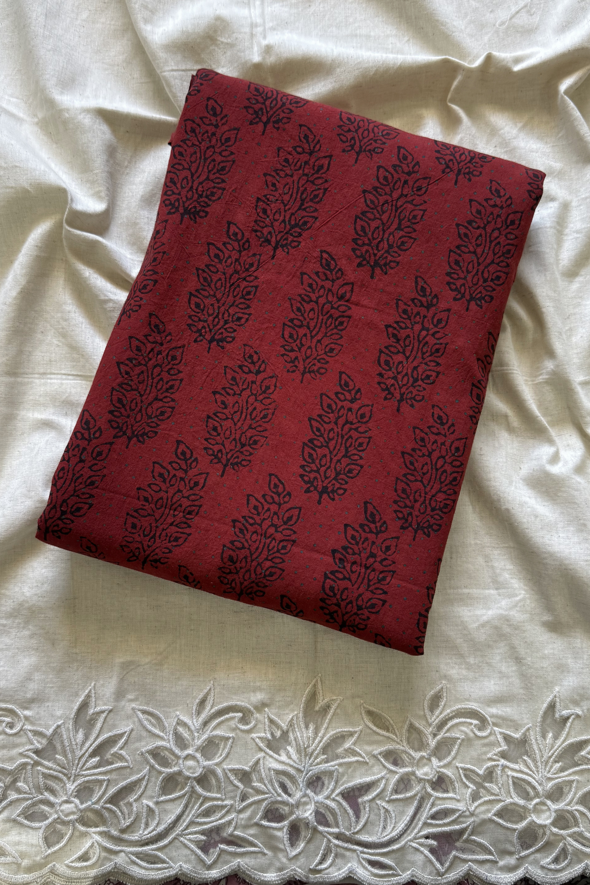 Pure Cotton Ajrak Suit Set With cutwork Bottom- Maroon