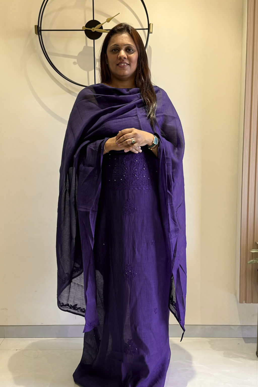 Lucknawi Pure Mul Chanderi 3-Piece Unstitched Kurta Set – Dark Purple