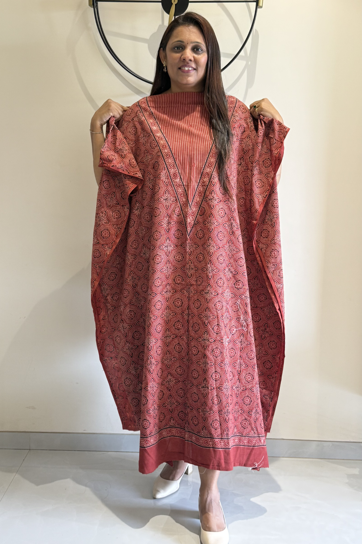 Pure Cotton Ajrak Suit Set With cutwork Bottom- Maroon