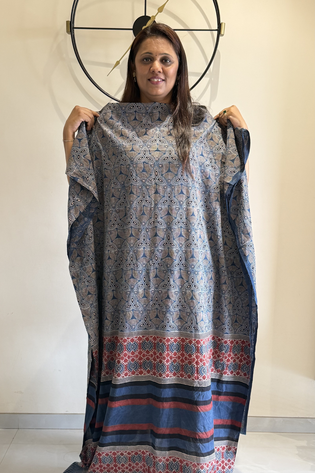 Pure Cotton Ajrak Suit Set With cutwork Bottom- Blue