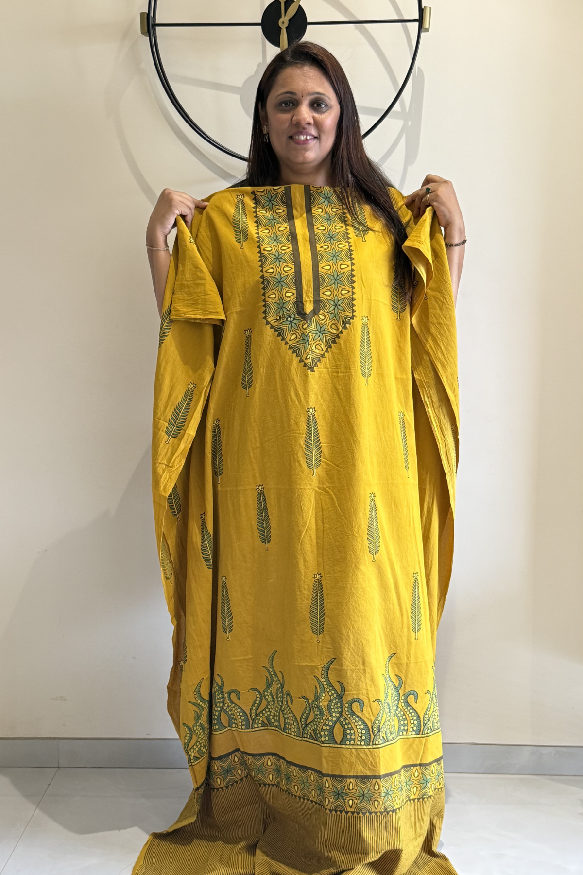 Pure Cotton Ajrak Suit Set With cutwork Bottom- Yellow