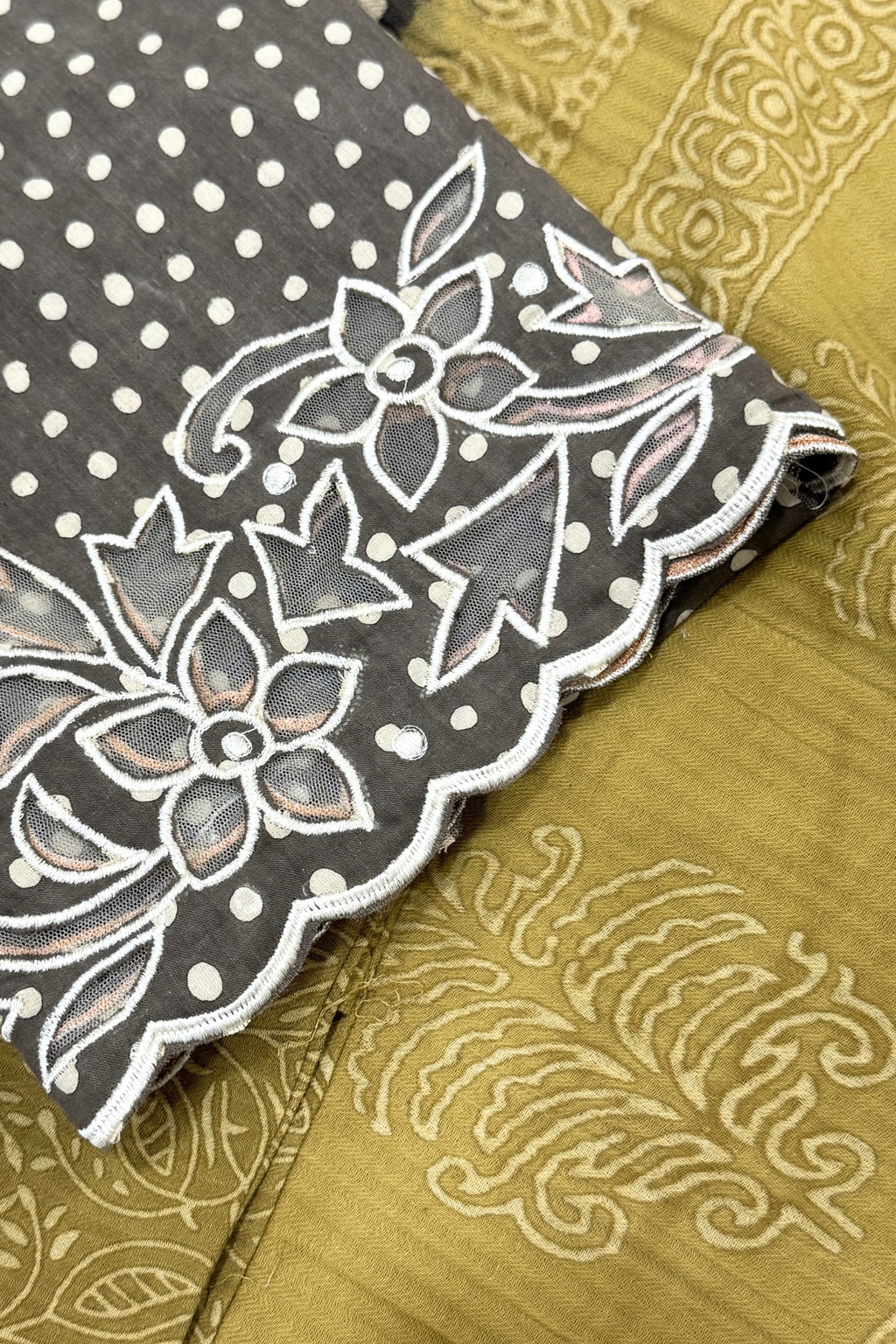 Natural Dye Pashmina Suit With cutwork - Mustard Yellow & Black