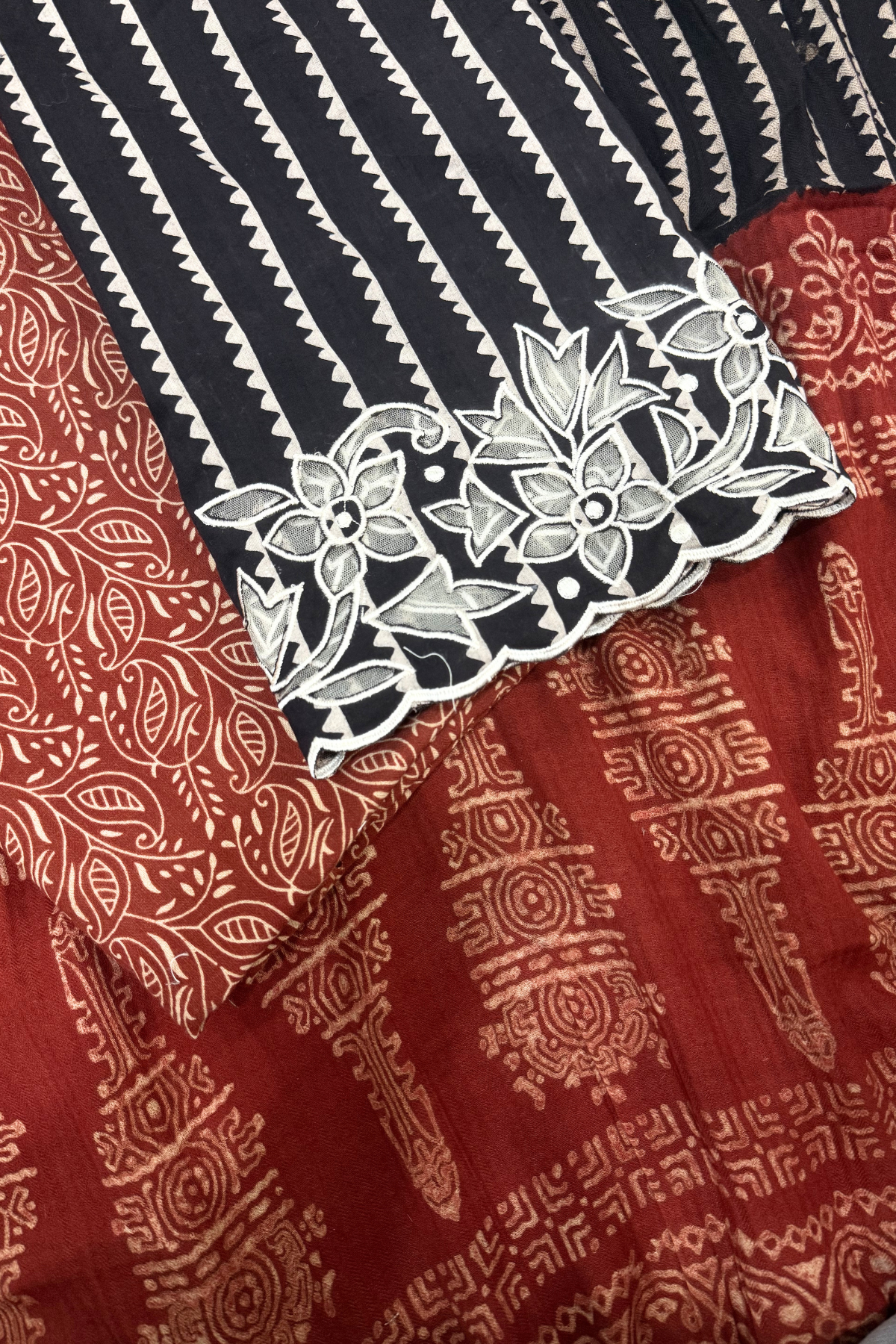 Natural Dye Pashmina Suit With cutwork  - Maroon & Black