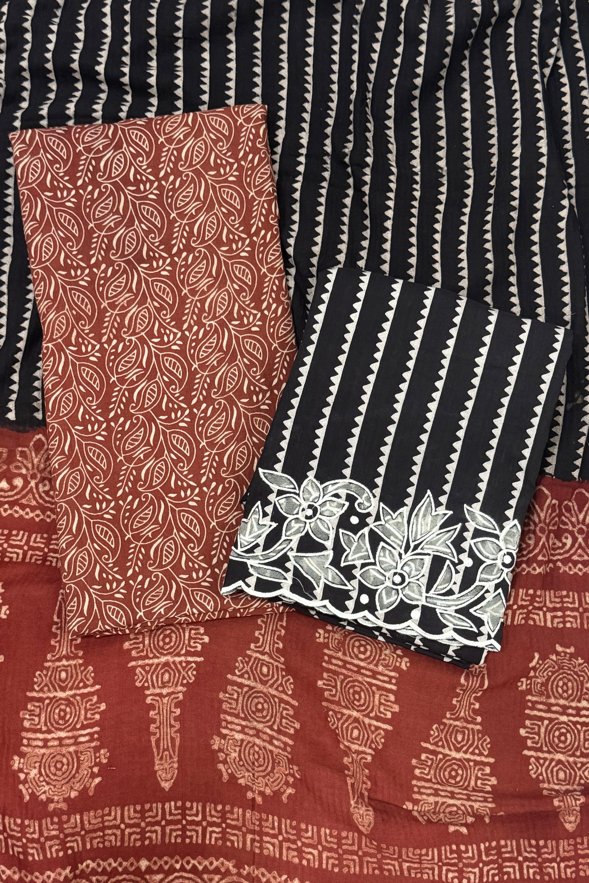 Natural Dye Pashmina Suit With cutwork  - Maroon & Black