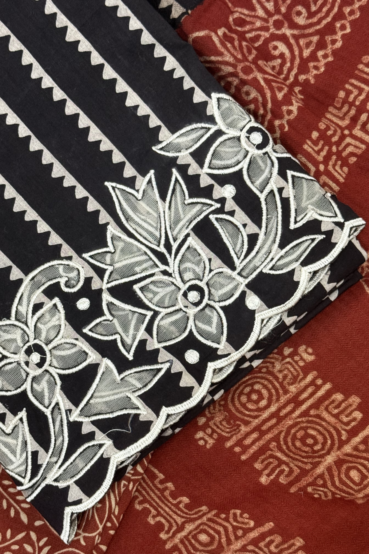 Natural Dye Pashmina Suit With cutwork  - Maroon & Black