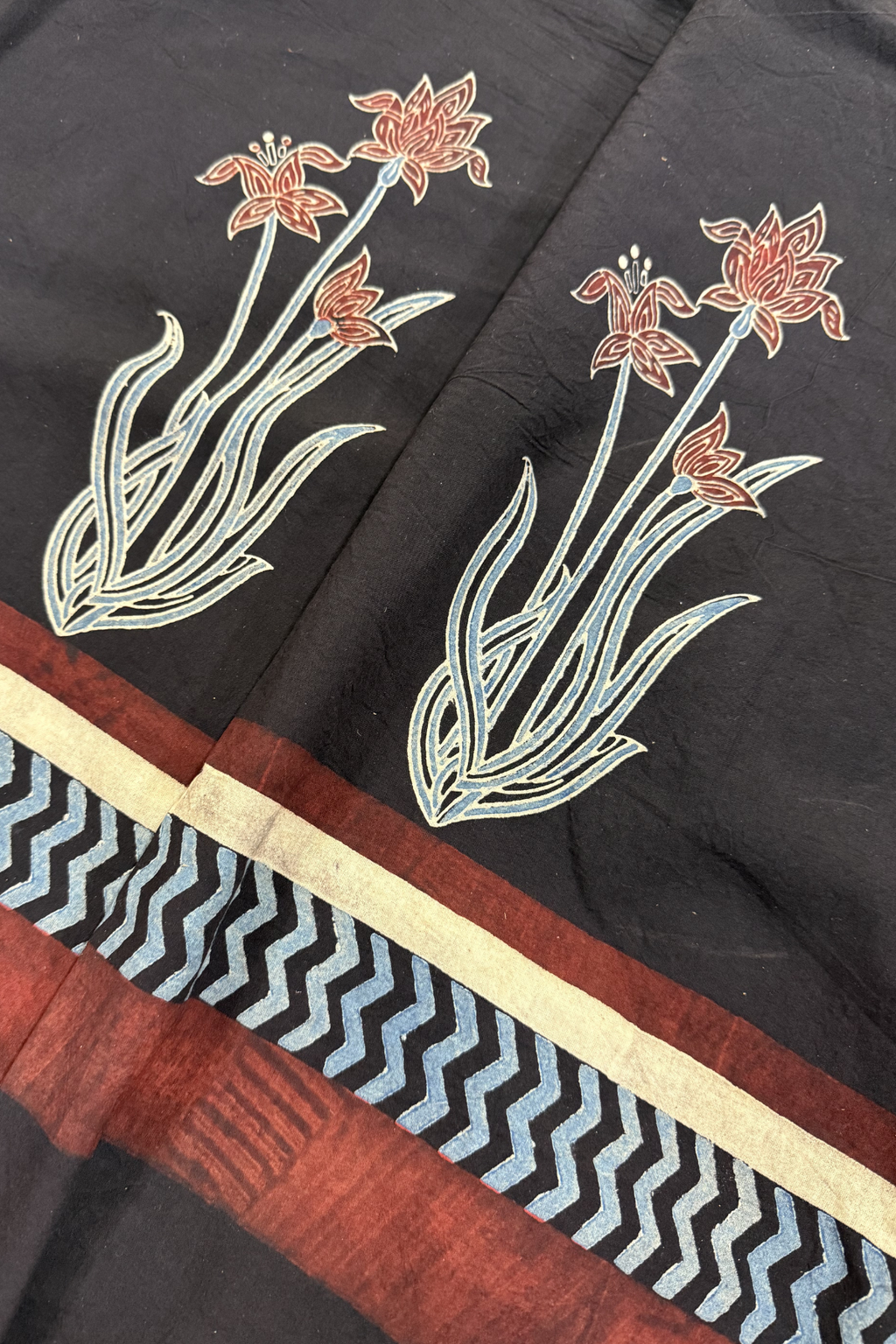 Pure Cotton Ajrak Suit Set With cutwork Bottom - Black