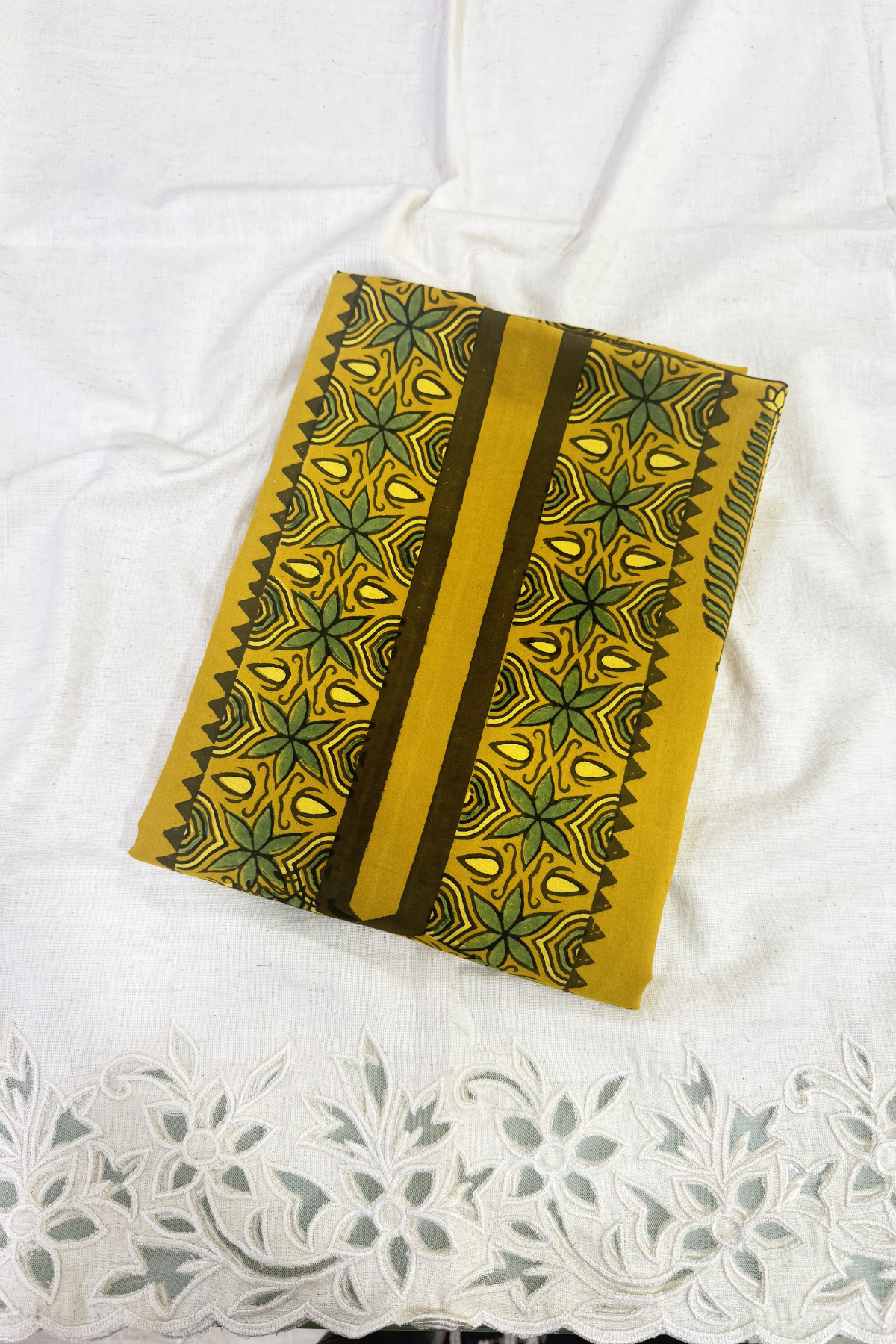 Pure Cotton Ajrak Suit Set With cutwork Bottom- Yellow