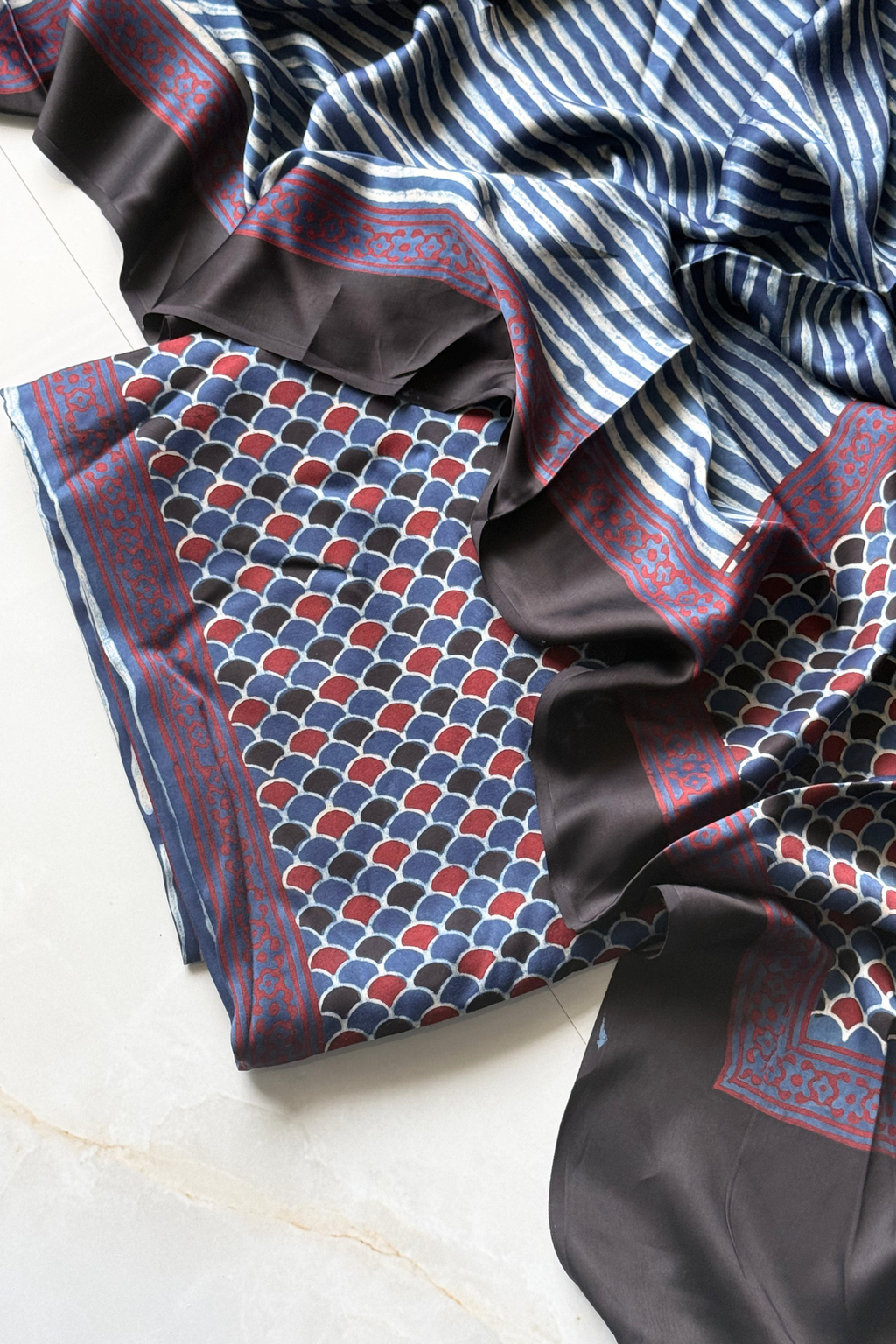 Pure Modal Satin 2-Piece Suit Set in Natural Ajrak Dye - Blue & Red