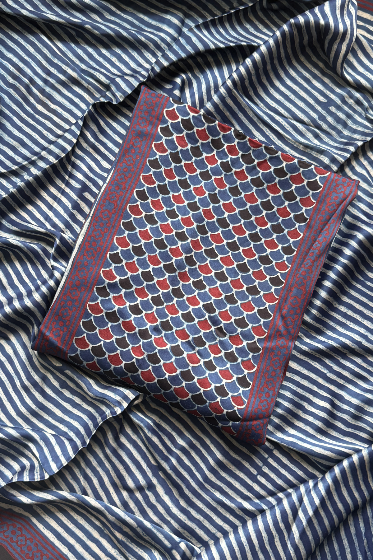 Pure Modal Satin 2-Piece Suit Set in Natural Ajrak Dye - Blue & Red