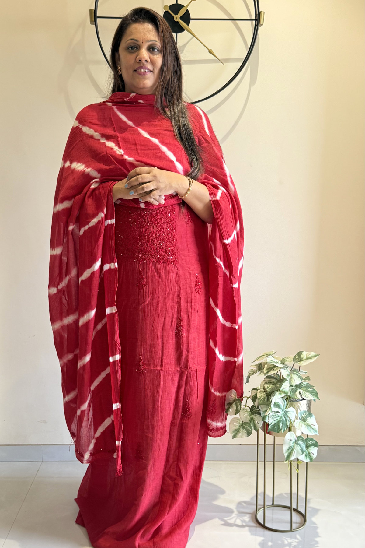 Lucknawi Pure Mul Chanderi 3-Piece Unstitched Kurta Set With Leheriya Dupatta – Red