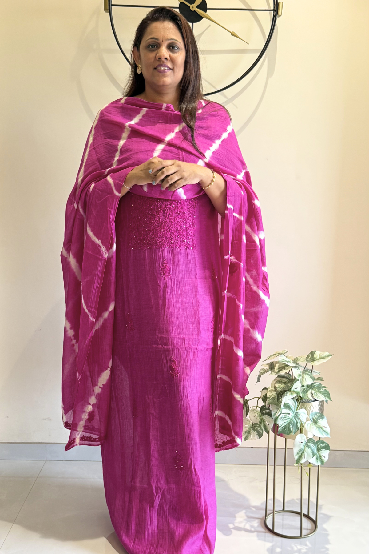 Lucknawi Pure Mul Chanderi 3-Piece Unstitched Kurta Set With Leheriya Dupatta – Pink