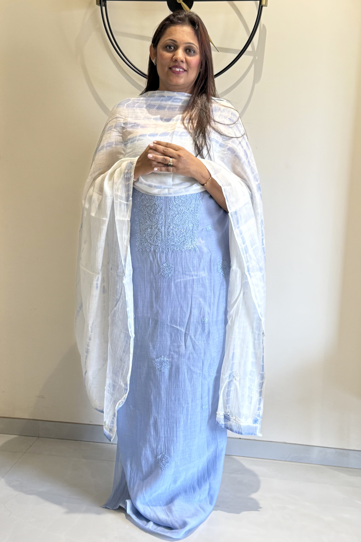 Lucknawi Pure Mul Chanderi 3-Piece Unstitched Kurta Set -  Off White & Powder Blue