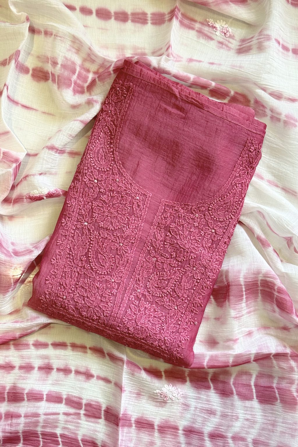 Lucknawi Pure Mul Chanderi 3-Piece Unstitched Kurta Set -  Onion Pink