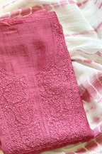 Lucknawi Pure Mul Chanderi 3-Piece Unstitched Kurta Set -  Onion Pink