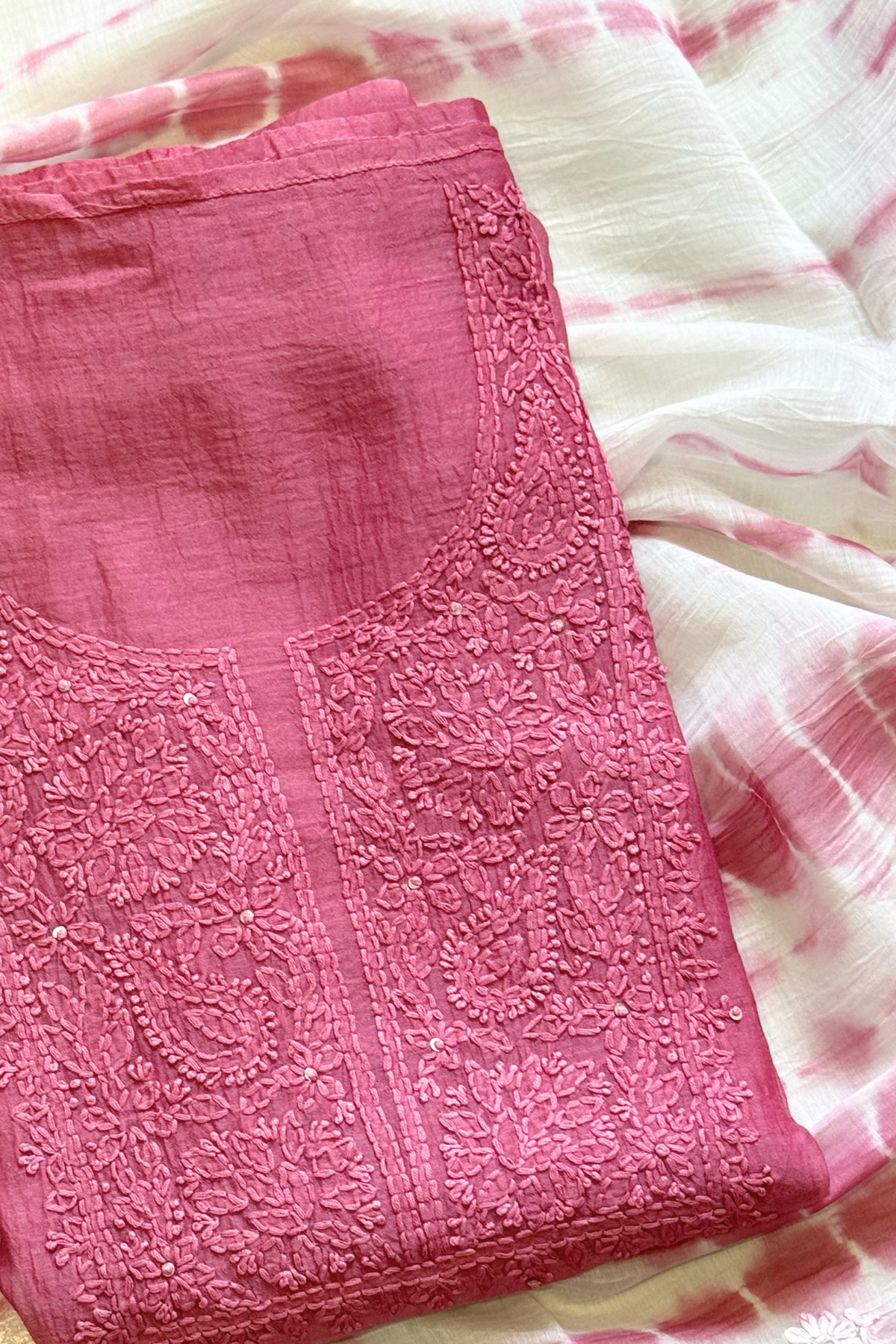 Lucknawi Pure Mul Chanderi 3-Piece Unstitched Kurta Set -  Onion Pink