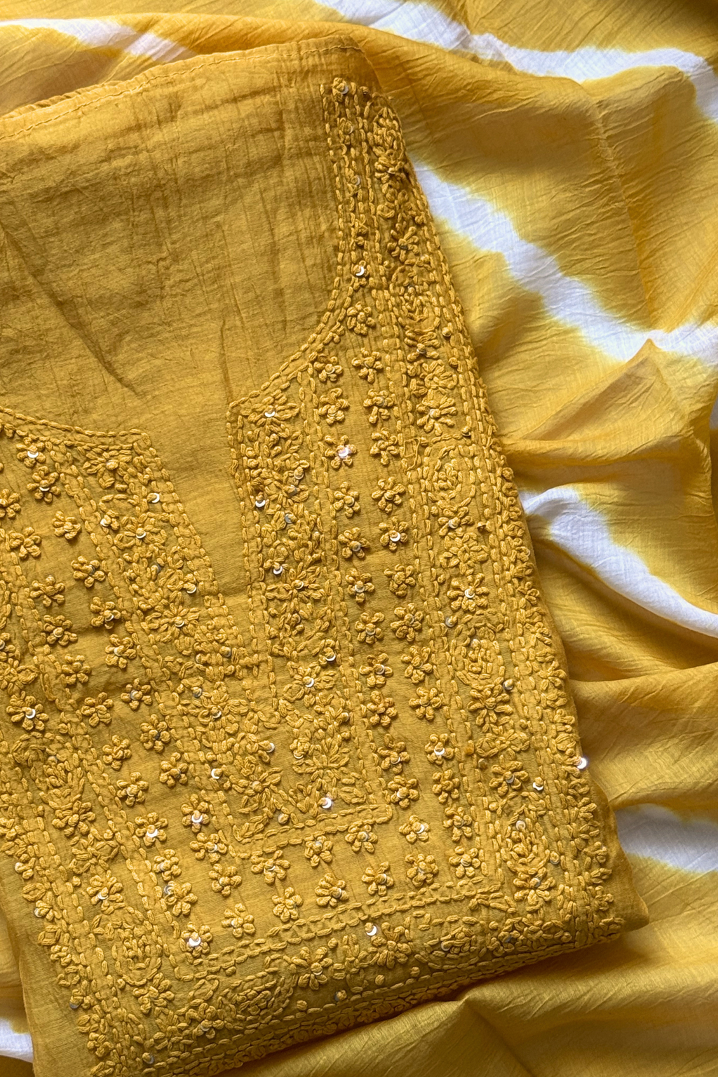 Lucknawi Pure Mul Chanderi 3-Piece Unstitched Kurta Set -  Yellow