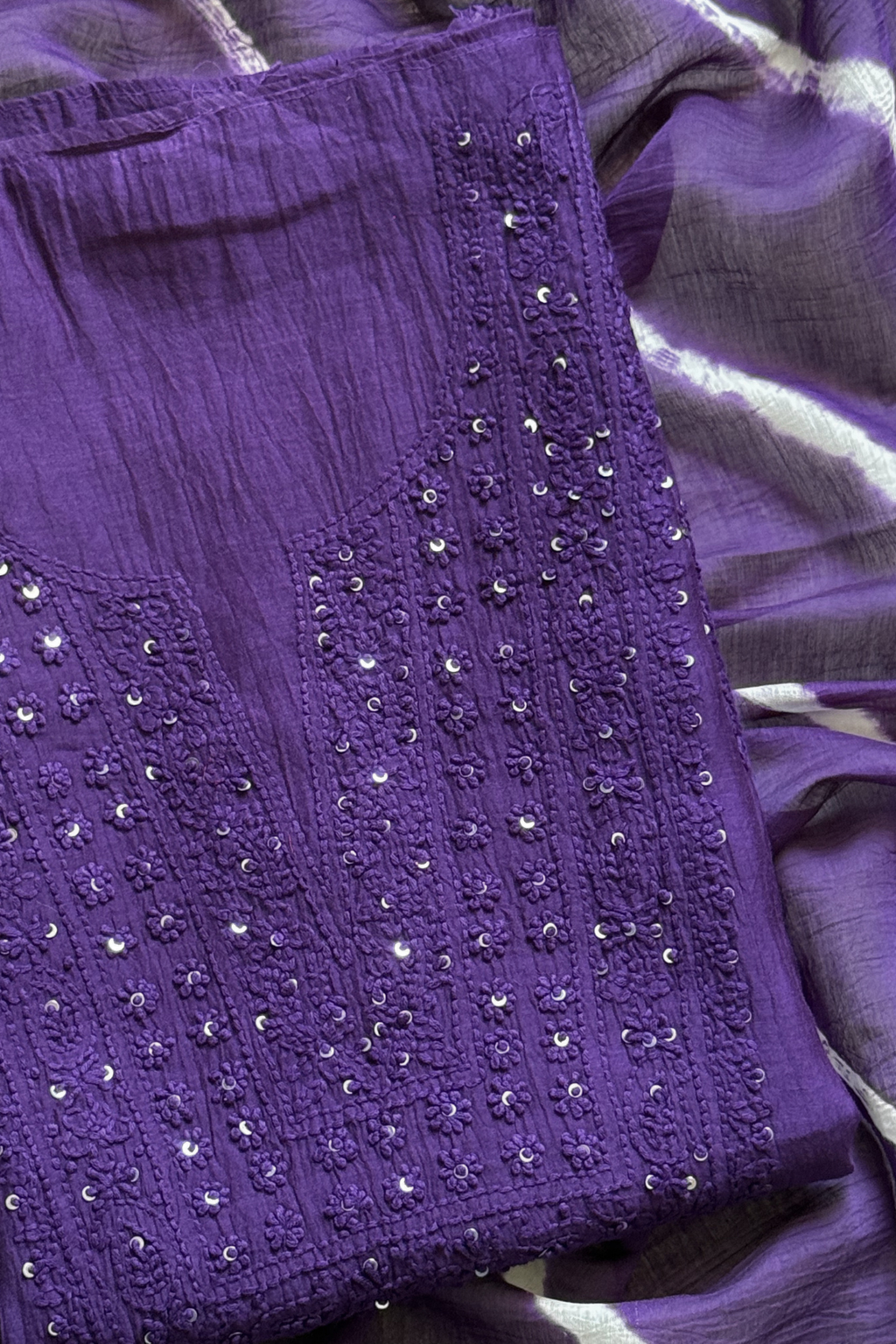 Lucknawi Pure Mul Chanderi 3-Piece Unstitched Kurta Set -Purple