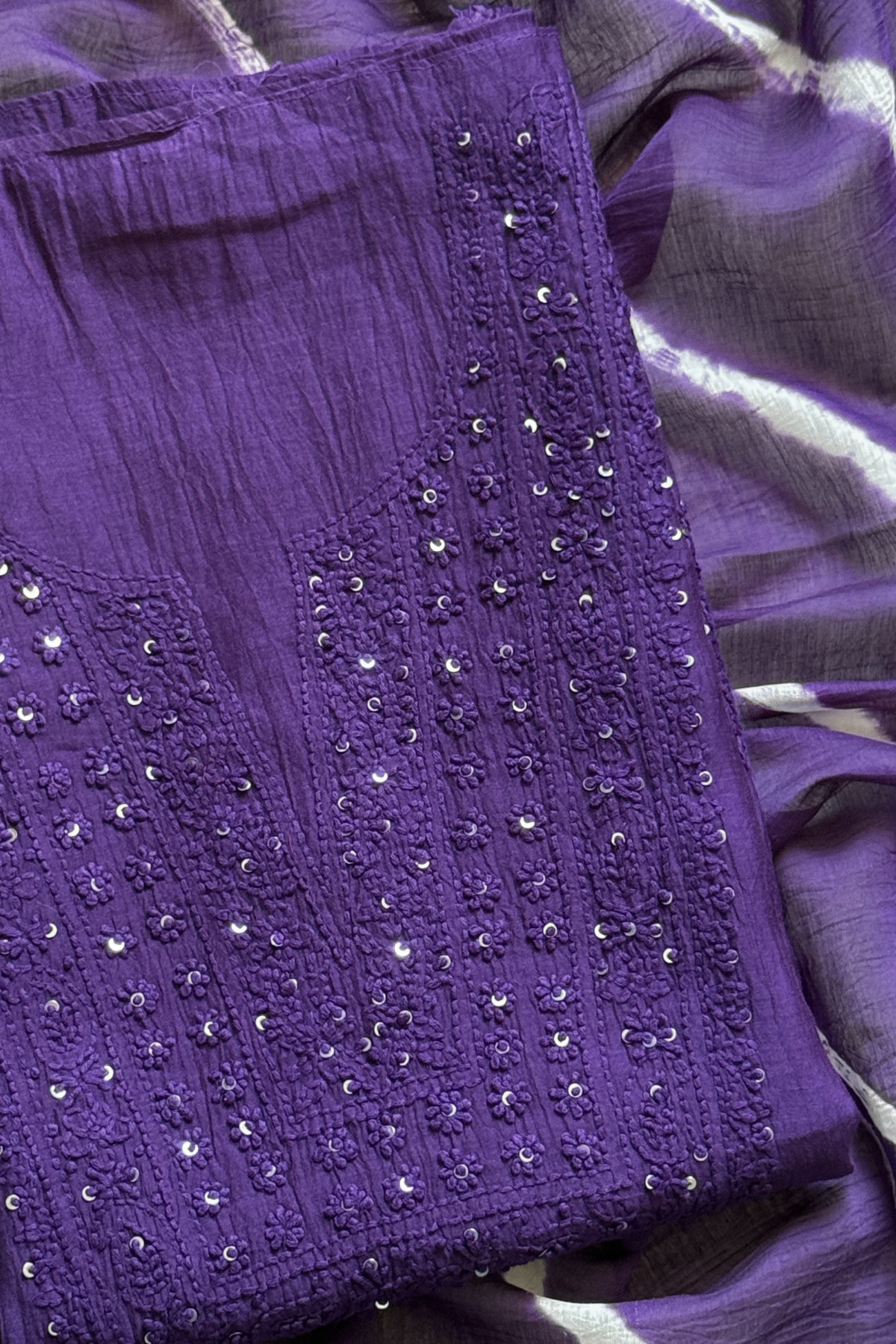 Lucknawi Pure Mul Chanderi 3-Piece Unstitched Kurta Set -Purple