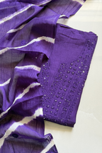 Lucknawi Pure Mul Chanderi 3-Piece Unstitched Kurta Set -Purple