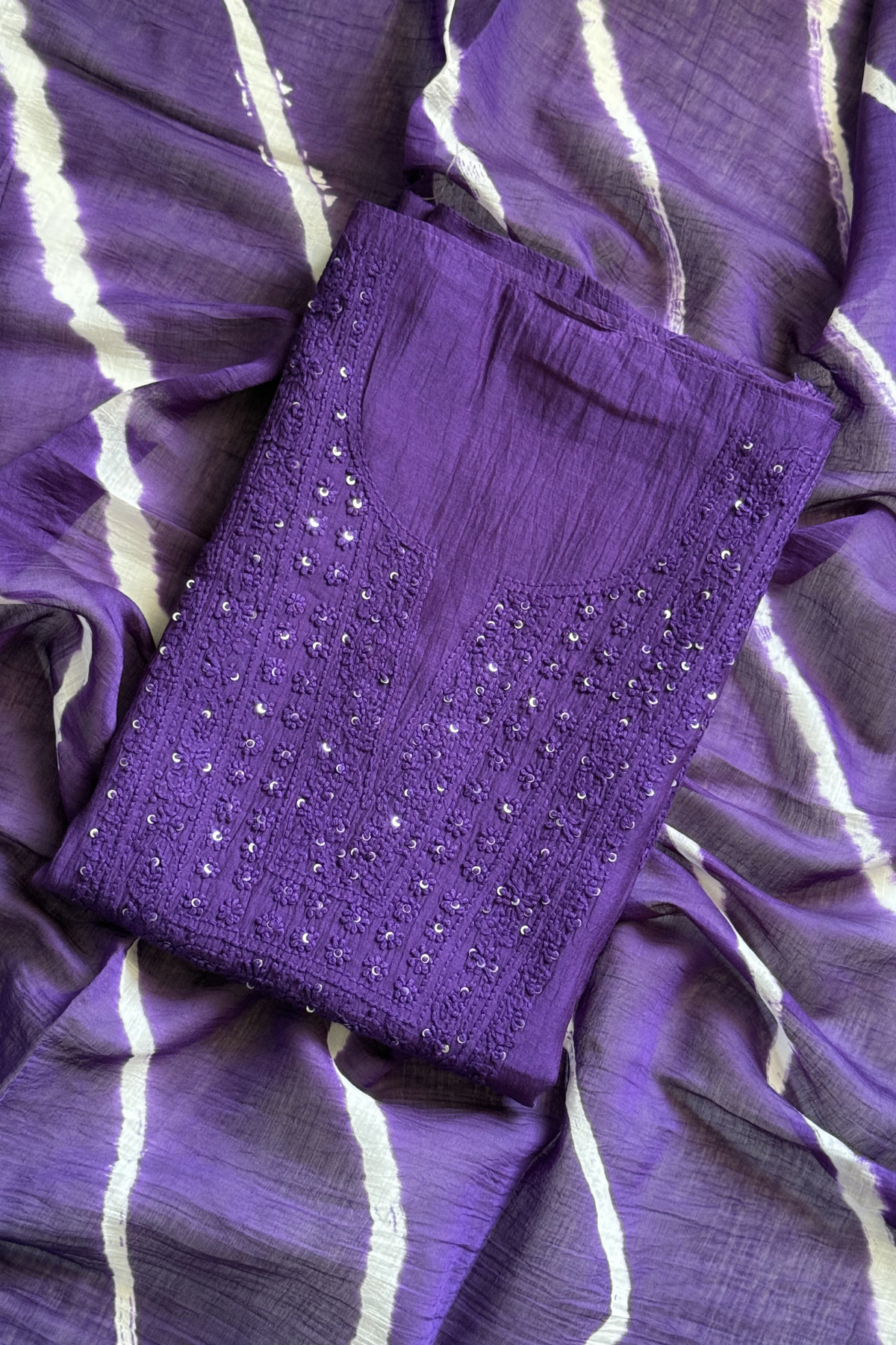 Lucknawi Pure Mul Chanderi 3-Piece Unstitched Kurta Set -Purple