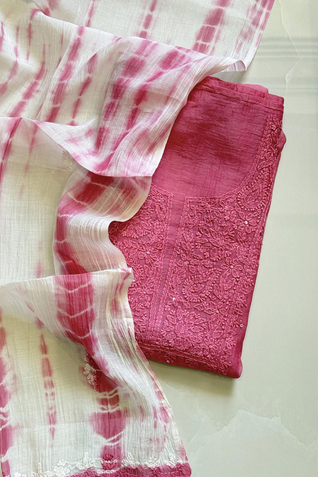 Lucknawi Pure Mul Chanderi 3-Piece Unstitched Kurta Set -  Onion Pink