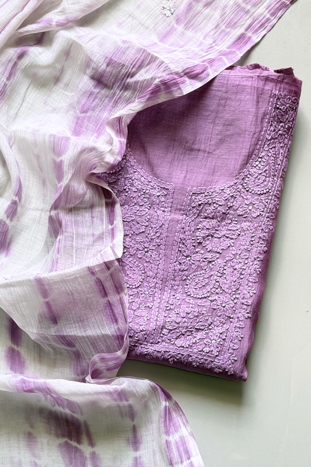Lucknawi Pure Mul Chanderi 3-Piece Unstitched Kurta Set -  Light Purple