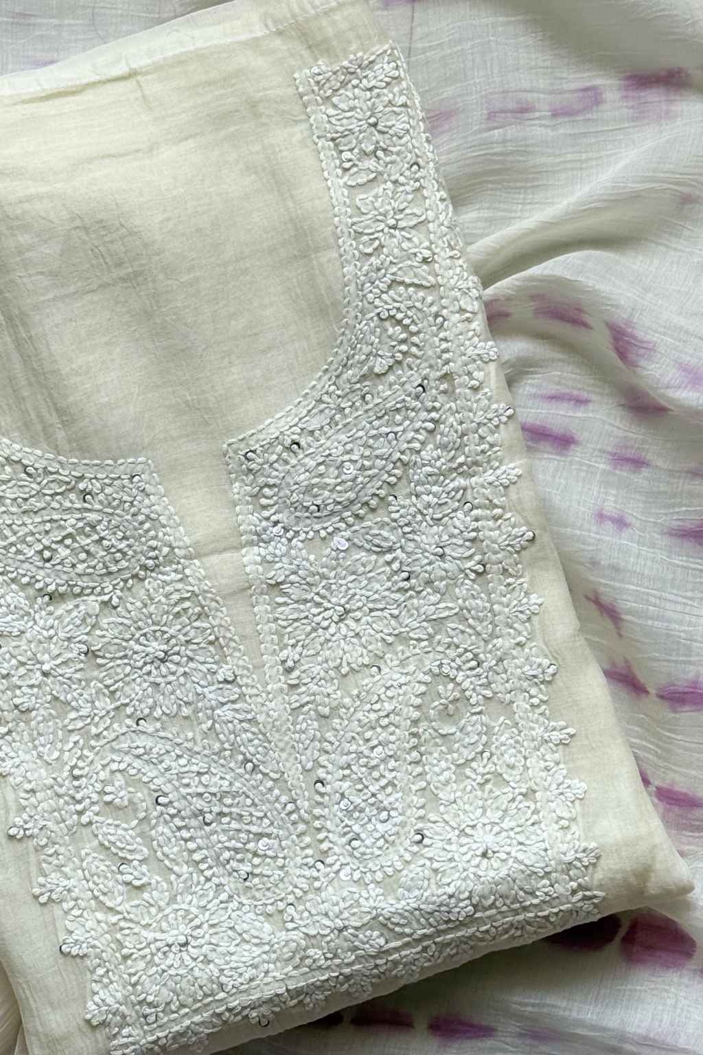Lucknawi Pure Mul Chanderi 3-Piece Unstitched Kurta Set -  Off White & Light Purple