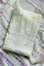 Lucknawi Pure Mul Chanderi 3-Piece Unstitched Kurta Set -  Off White & Light Purple